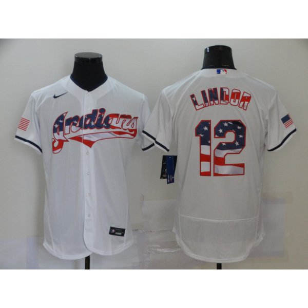 Men's Cleveland Indians #12 Francisco Lindor White USA Flag Stitched MLB Flex Base Nike Jersey