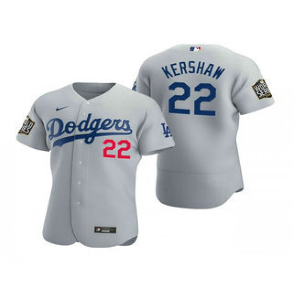 Men's Los Angeles Dodgers #22 Clayton Kershaw Gray 2020 World Series Authentic Flex Nike Jersey