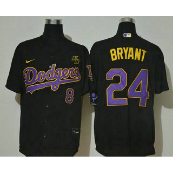 Men's Los Angeles Dodgers #24 Kobe Bryant Black With Purple Name KB Patch Stitched MLB Cool Base Nike Jersey
