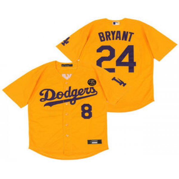 Men's Los Angeles Dodgers #8 #24 Kobe Bryant Yellow KB Patch Stitched MLB Cool Base Nike Jersey
