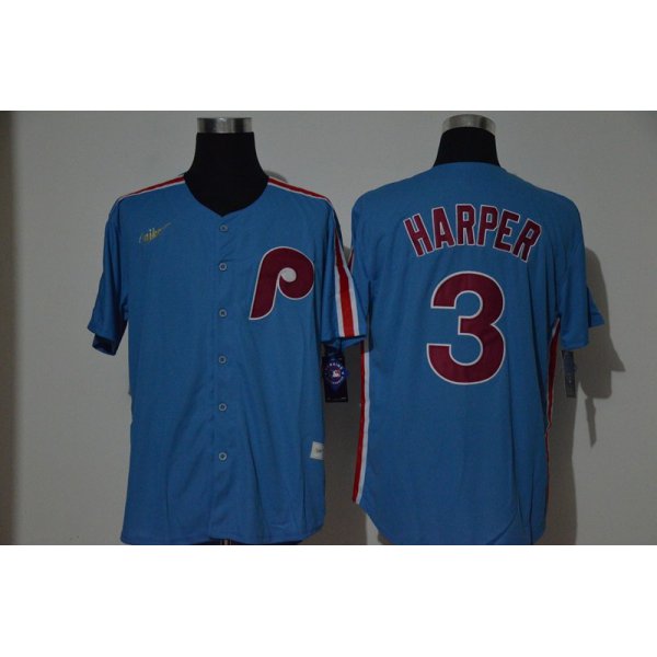 Men's Philadelphia Phillies #3 Bryce Harper Light Blue Cooperstown Collection Stitched MLB Nike Jersey