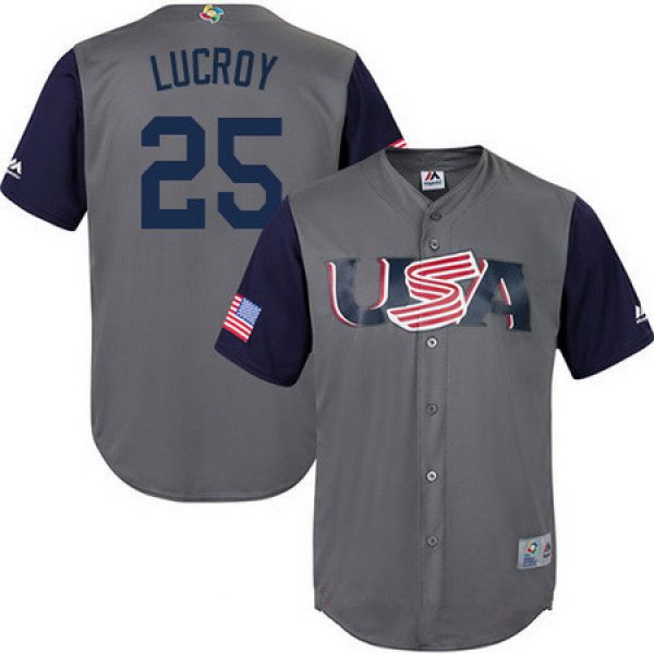 Men's Team USA Baseball Majestic #25 Jonathan Lucroy Gray 2017 World Baseball Classic Stitched Replica Jersey