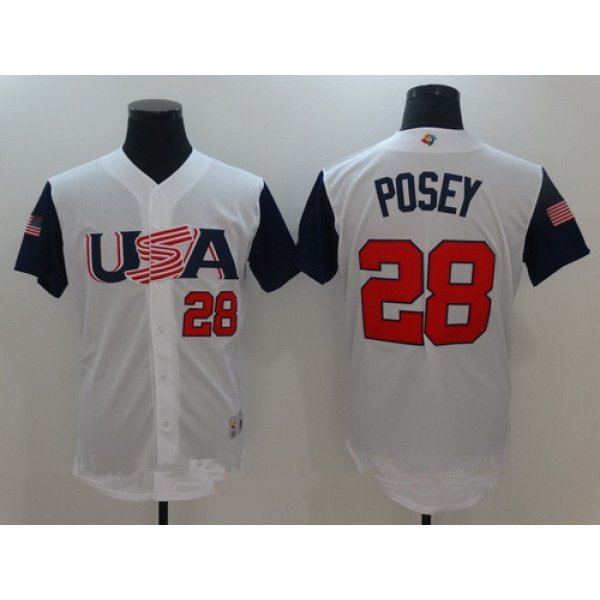 Men's Team USA Baseball Majestic #28 Buster Posey White 2017 World Baseball Classic Stitched Authentic Jersey