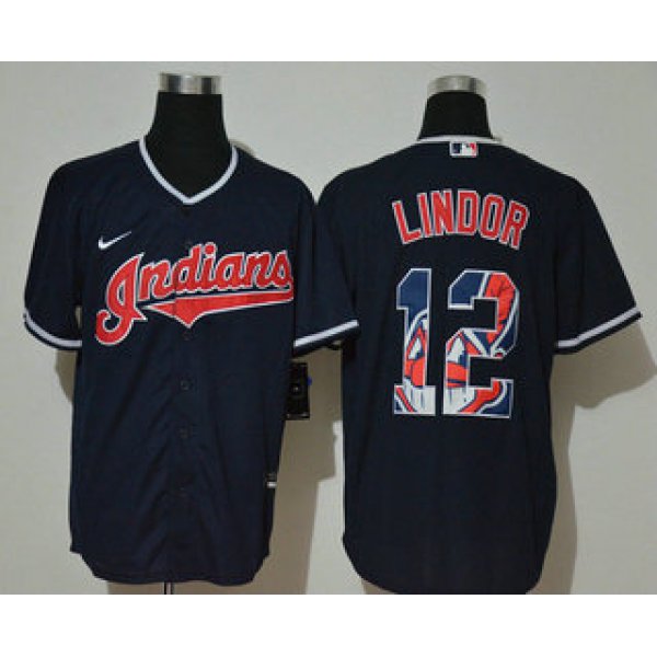 Men's Cleveland Indians #12 Francisco Lindor Navy Blue Team Logo Stitched MLB Cool Base Nike Jersey