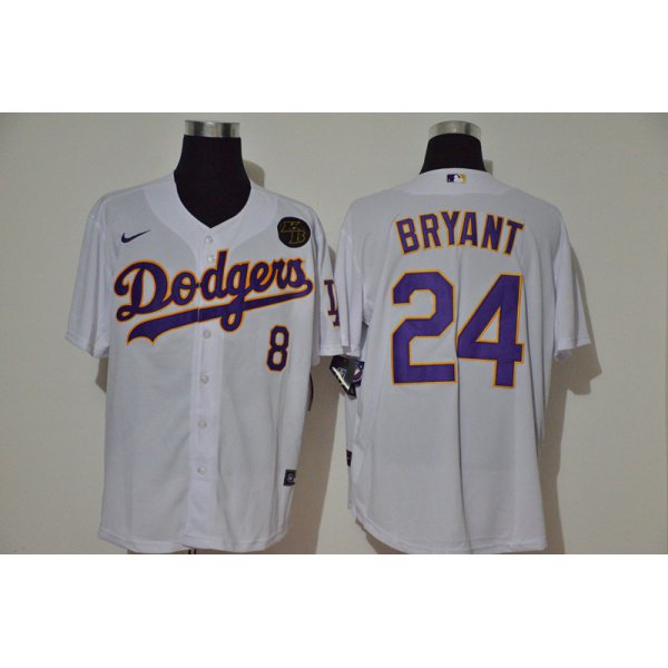 Men's Los Angeles Dodgers #24 Kobe Bryant White KB Patch Stitched MLB Cool Base Nike Jersey With front Number 8