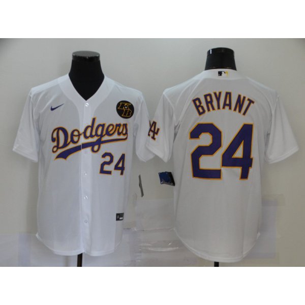 Men's Los Angeles Dodgers #24 Kobe Bryant White With Purple Name KB Patch Stitched MLB Cool Base Nike Jersey