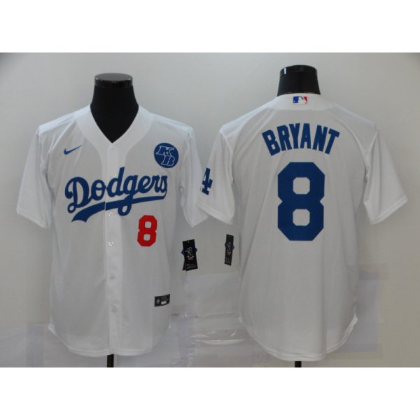 Men's Los Angeles Dodgers #8 Kobe Bryant White KB Patch Stitched MLB Cool Base Nike Jersey