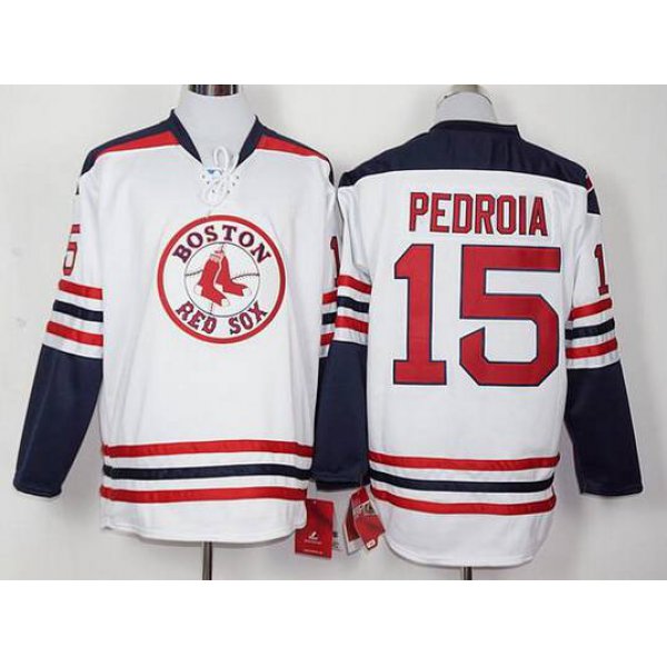 Men's Boston Red Sox #15 Dustin Pedroia Home White Long Sleeve Baseball Jersey