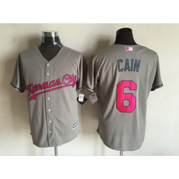 Men's Kansas City Royals #6 Lorenzo Cain Gray With Pink 2016 Mother's Day Baseball Cool Base Jersey