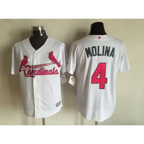 Men's St. Louis Cardinals #4 Yadier Molina White With Pink 2016 Mother's Day Baseball Cool Base Jersey