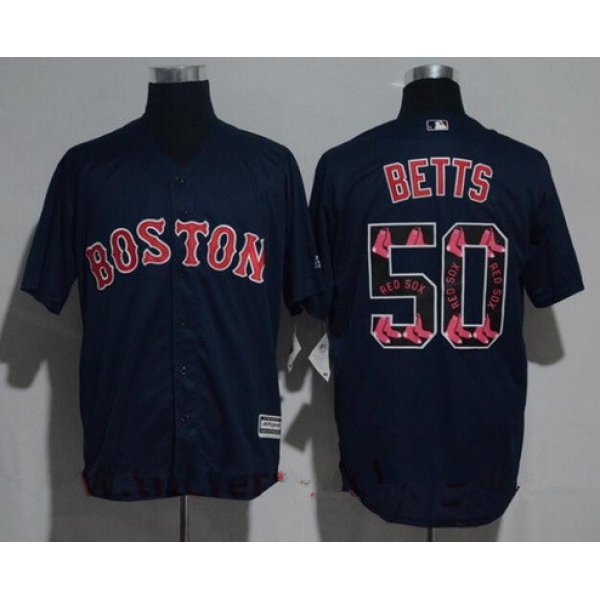 Men's Boston Red Sox #50 Mookie Betts Navy Blue Team Logo Ornamented Stitched MLB Majestic Cool Base Jersey