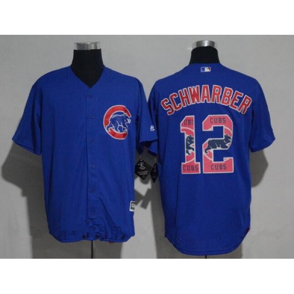 Men's Chicago Cubs #12 Kyle Schwarber Royal Blue Team Logo Ornamented Stitched MLB Majestic Cool Base Jersey