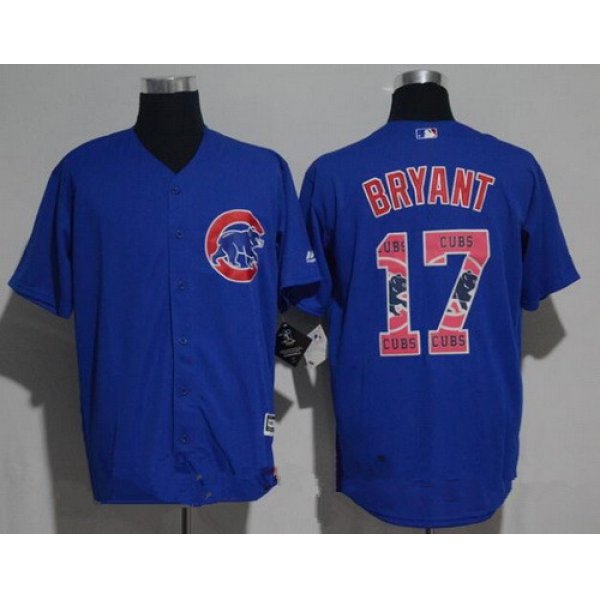 Men's Chicago Cubs #17 Kris Bryant Royal Blue Team Logo Ornamented Stitched MLB Majestic Cool Base Jersey