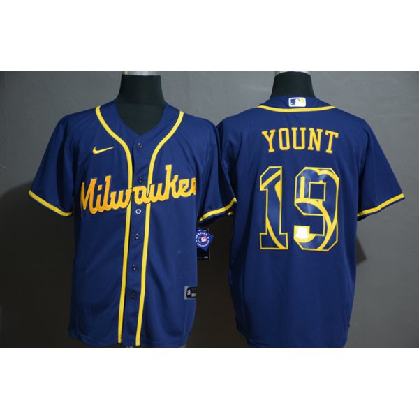 Men's Milwaukee Brewers #19 Robin Yount Blue White Team Logo Stitched MLB Cool Base Nike Jersey