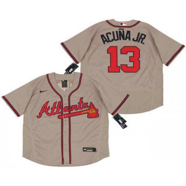 Men's Atlanta Braves #13 Ronald Acuna Jr. Gray Stitched MLB Flex Base Nike Jersey