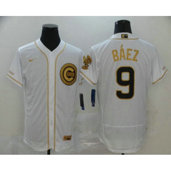 Men's Chicago Cubs #9 Javier Baez White Golden Stitched MLB Flex Base Nike Jersey