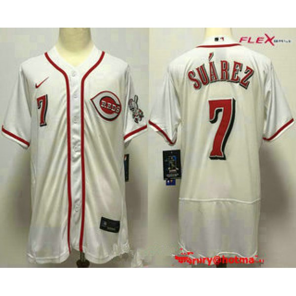 Men's Cincinnati Reds #7 Eugenio Suarez White Stitched MLB Flex Base Nike Jersey