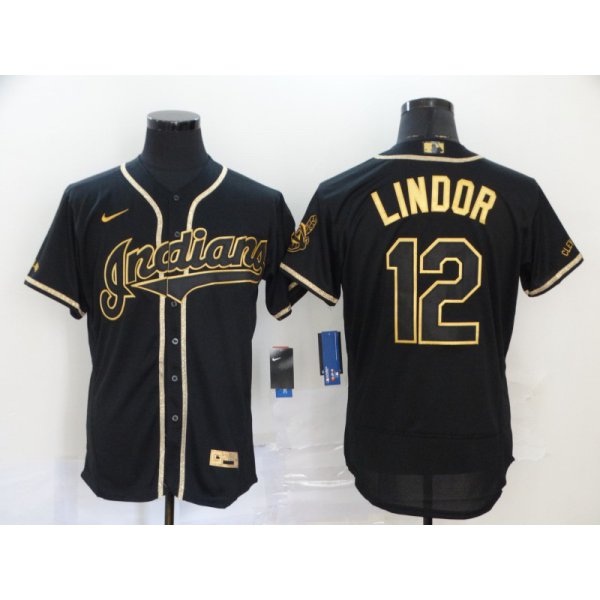 Men's Cleveland Indians #12 Francisco Lindor Black With Gold Stitched MLB Flex Base Nike Jersey