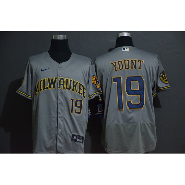 Men's Milwaukee Brewers #19 Robin Yount Grey Stitched MLB Flex Base Nike Jersey