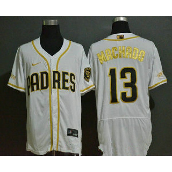 Men's San Diego Padres #13 Manny Machado White Golden Stitched MLB Flex Base Nike Jersey