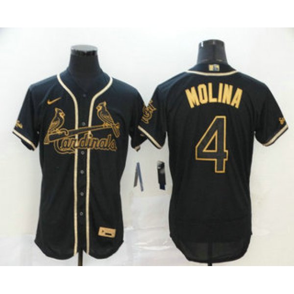 Men's St. Louis Cardinals #4 Yadier Molina Black Golden Stitched MLB Flex Base Nike Jersey