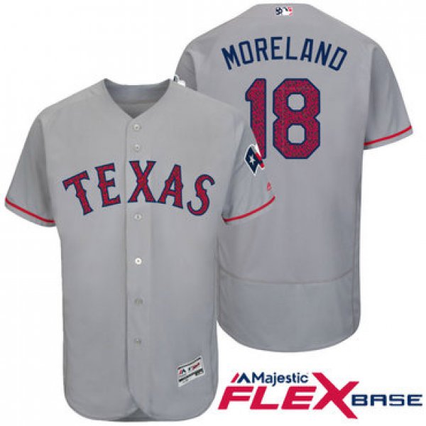 Men's Texas Rangers #18 Mitch Moreland Gray Stars & Stripes Fashion Independence Day Stitched MLB Majestic Flex Base Jersey