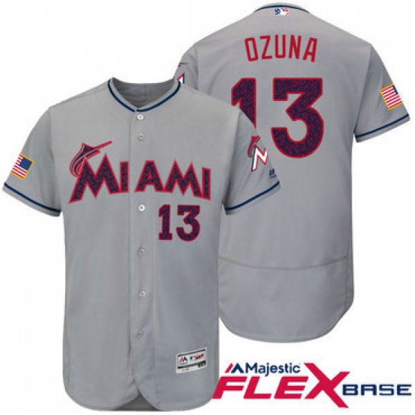 Men's Miami Marlins #13 Marchell Ozuna Gray Stars & Stripes Fashion Independence Day Stitched MLB Majestic Flex Base Jersey
