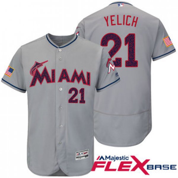 Men's Miami Marlins #21 Christian Yelich Gray Stars & Stripes Fashion Independence Day Stitched MLB Majestic Flex Base Jersey