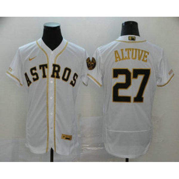 Men's Houston Astros #27 Jose Altuve White With Gold Stitched MLB Flex Base Nike Jersey