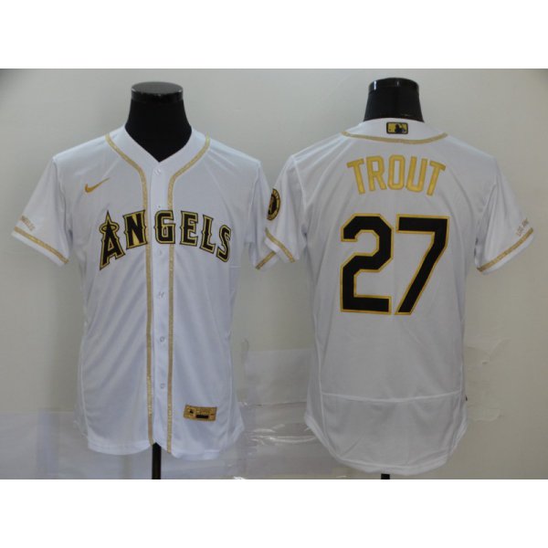 Men's Los Angeles Angels #27 Mike Trout White With Gold Stitched MLB Flex Base Nike Jersey