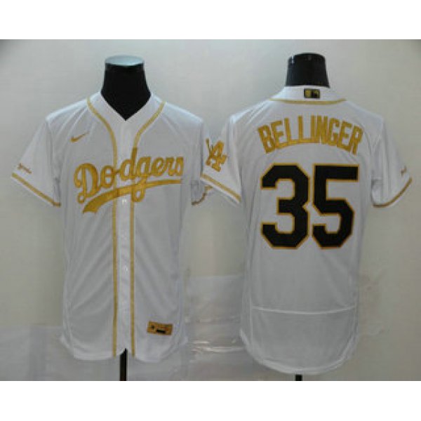 Men's Los Angeles Dodgers #35 Cody Bellinger White With Gold Stitched MLB Flex Base Nike Jersey