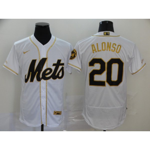 Men's New York Mets #20 Pete Alonso White With Gold Stitched MLB Flex Base Nike Jersey