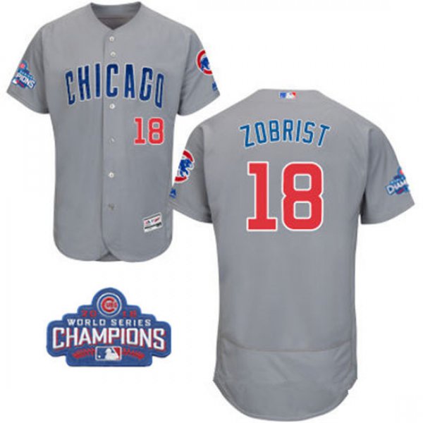 Men's Chicago Cubs #18 Ben Zobrist Gray Road Majestic Flex Base 2016 World Series Champions Patch Jersey