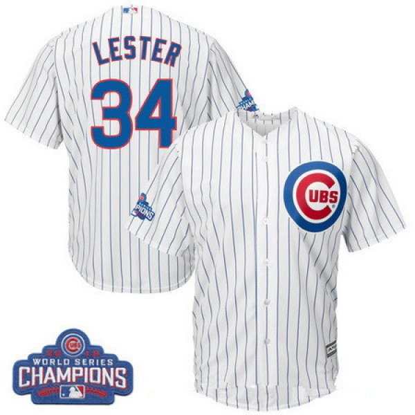 Men's Chicago Cubs #34 Jon Lester Majestic White Home 2016 World Series Champions Team Logo Patch Player Jersey