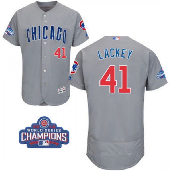 Men's Chicago Cubs #41 John Lackey Gray Road Majestic Flex Base 2016 World Series Champions Patch Jersey