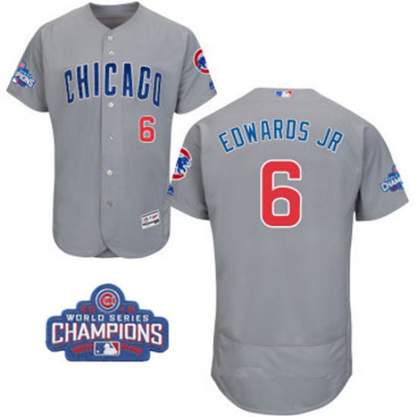 Men's Chicago Cubs #6 Carl Edwards Jr. Gray Road Majestic Flex Base 2016 World Series Champions Patch Jersey