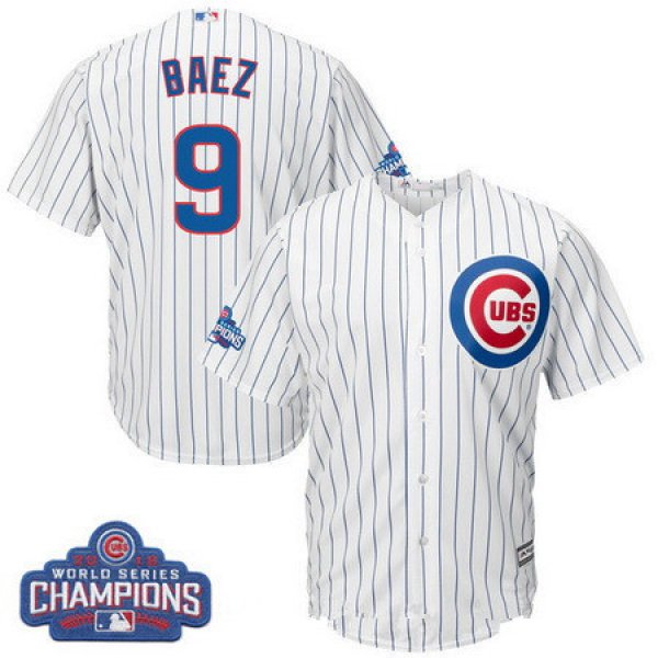 Men's Chicago Cubs #9 Javier Baez Majestic White Home 2016 World Series Champions Team Logo Patch Player Jersey