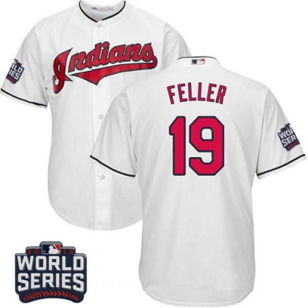 Men's Cleveland Indians #19 Bob Feller White Home 2016 World Series Patch Stitched MLB Majestic Cool Base Jersey