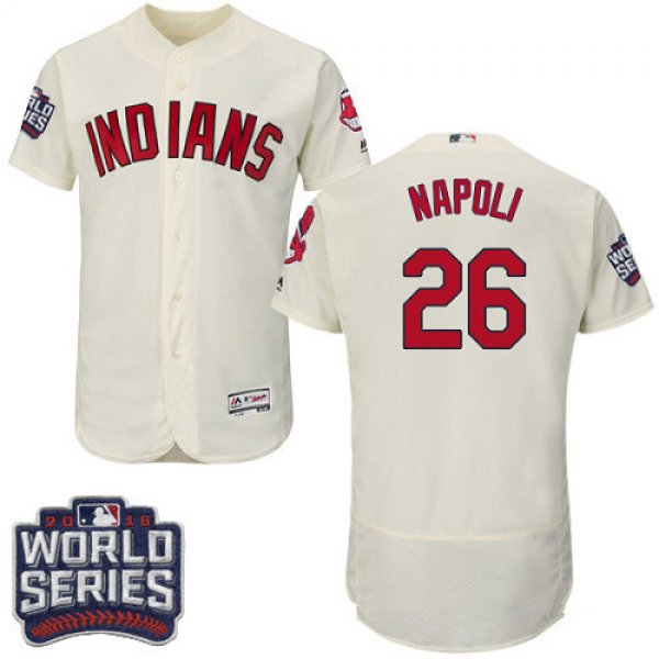 Men's Cleveland Indians #26 Mike Napoli Cream 2016 World Series Patch Stitched MLB Majestic Flex Base Jersey