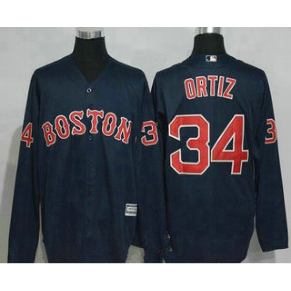 Men's Boston Red Sox #34 David Ortiz Navy Blue Long Sleeve Stitched MLB Majestic Cool Base Jersey