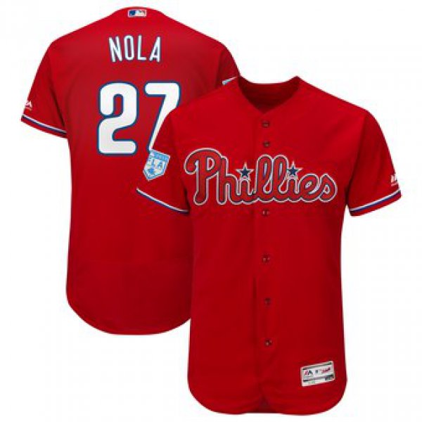 Men's Philadelphia Phillies 27 Aaron Nola Majestic Scarlet 2019 Spring Training Flex Base Player Jersey