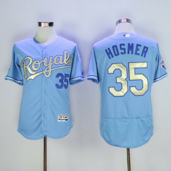 Men's Kansas City Royals #35 Eric Hosmer Light Blue 2015 World Series Champions Gold Program FlexBase Jersey