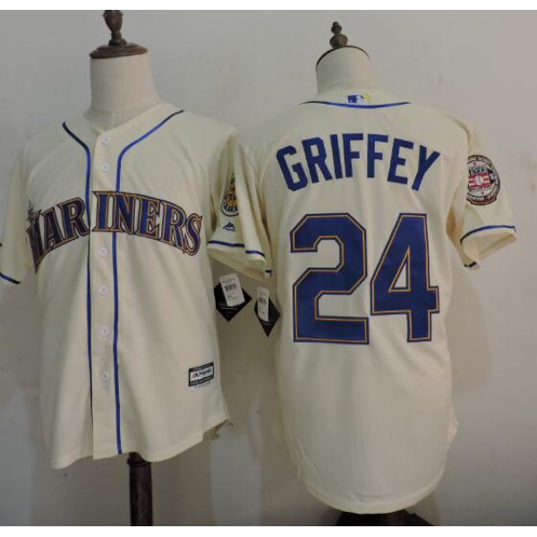 Men's Seattle Mariners #24 Ken Griffey Jr. Cream Cooperstown Collection Cool Base Jersey w2016 Hall Of Fame Patch