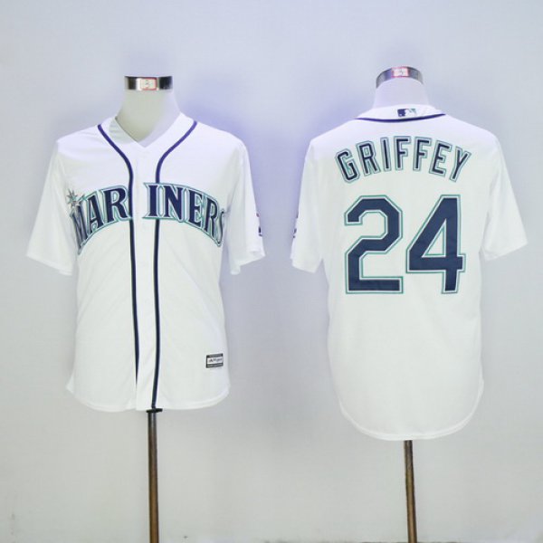 Men's Seattle Mariners #24 Ken Griffey Jr. White Cooperstown Collection Cool Base Jersey w2016 Hall Of Fame Patch