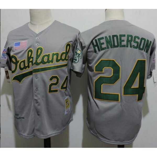 Men's Oakland Athletics #24 Rickey Henderson Gray Road Mitchell & Ness 1989 Throwback Collection Baseball Jersey