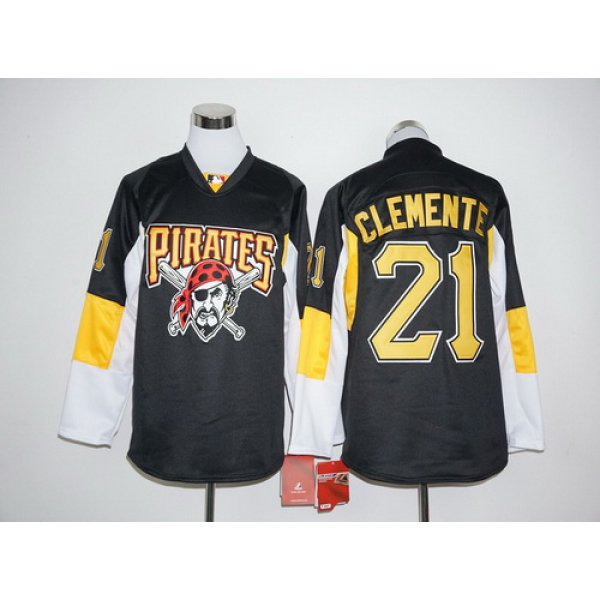 Men's Pittsburgh Pirates #21 Roberto Clemente Retired Black Long Sleeve Baseball Jersey