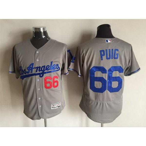 Men's Los Angeles Dodgers #66 Yasiel Puig Gray Road 2016 Flexbase Majestic Baseball Jersey