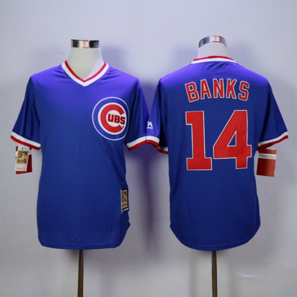 Men's Chicago Cubs #14 Ernie Banks Retired Blue Pullover Majestic Cooperstown Collection Throwback Jersey