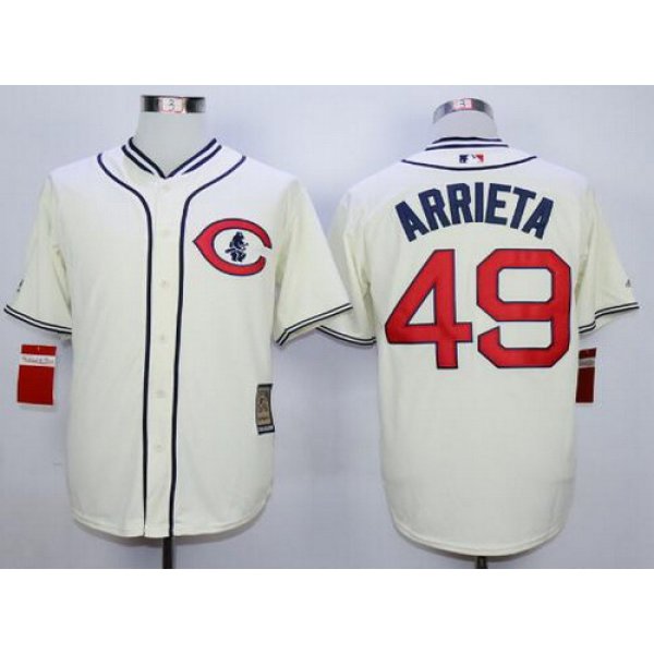 Men's Chicago Cubs #49 Jake Arrieta Cream 1929 Majestic Cooperstown Collection Throwback Jersey