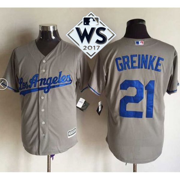 Men's Los Angeles Dodgers #21 Zack Greinke Grey New Cool Base 2017 World Series Bound Stitched MLB Jersey